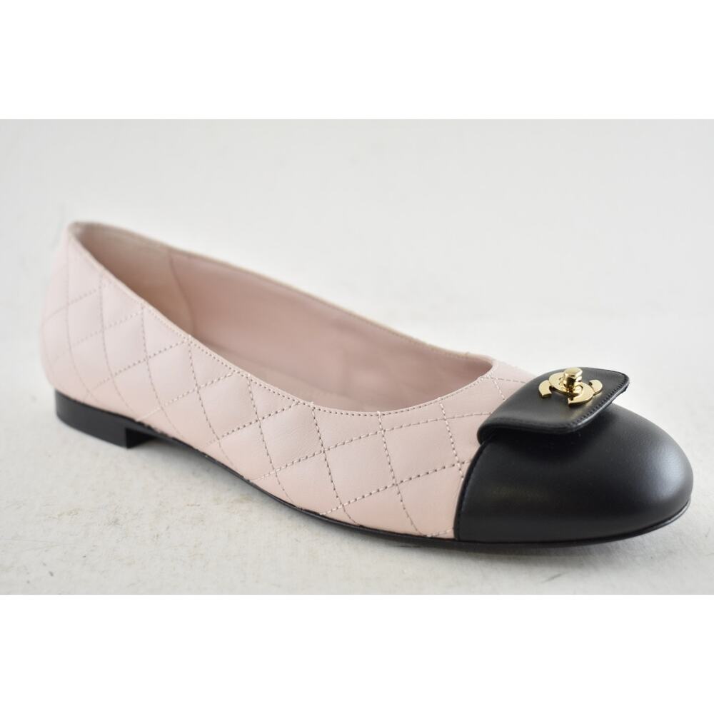 Chanel 24B Pink Black Turnlock Gold CC Logo Quilted Ballet Ballerina Flat 38 - Picture 6 of 15